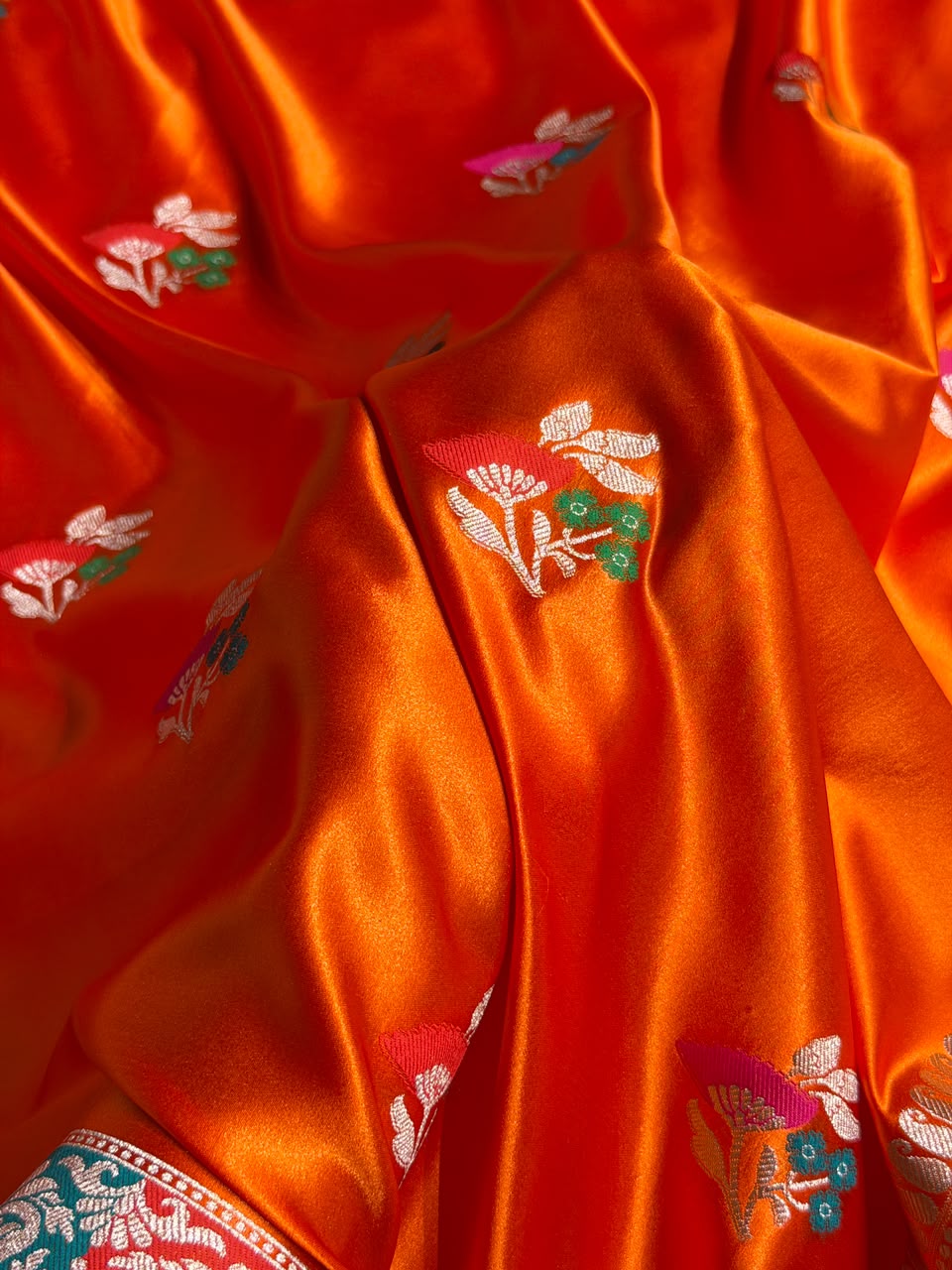 Banarasi Mashru Satin Silk Saree Floral Boota Mina Pattern In Orange Shades MSC05