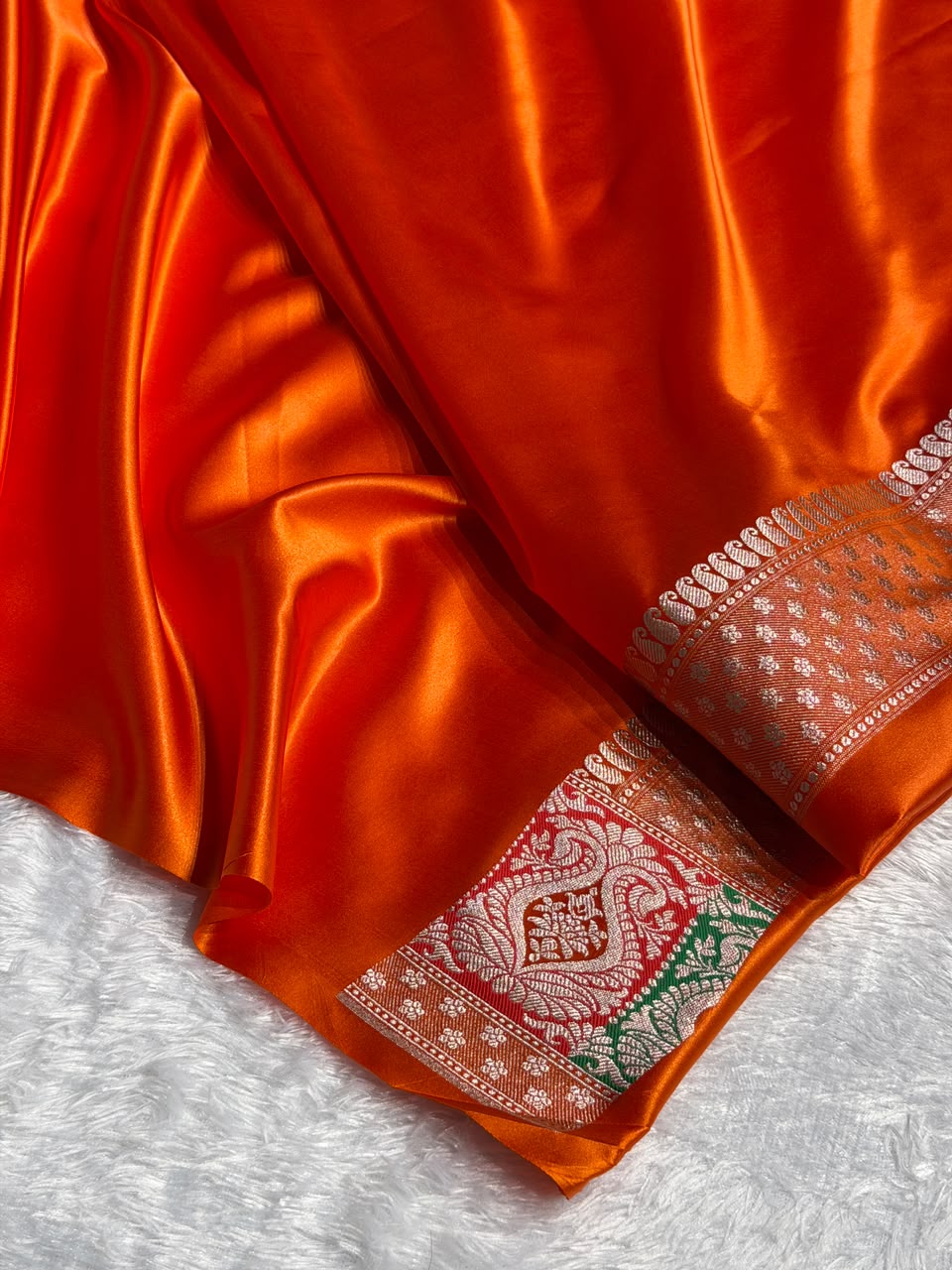 Banarasi Mashru Satin Silk Saree Floral Boota Mina Pattern In Orange Shades MSC05