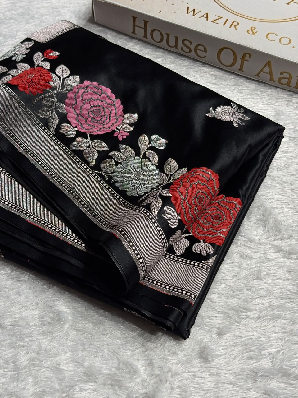 Banarasi Mashru Satin Silk Saree with Floral Boota Mina Pattern in Black Shades MSC03