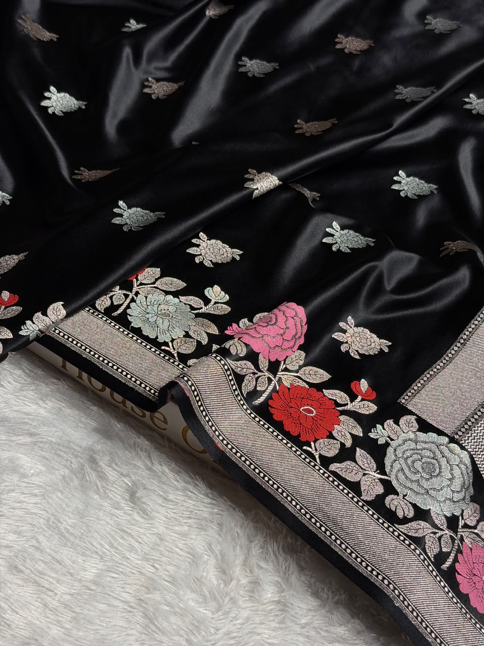 Banarasi Mashru Satin Silk Saree with Floral Boota Mina Pattern in Black Shades MSC03