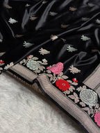 Banarasi Mashru Satin Silk Saree with Floral Boota Mina Pattern in Black Shades MSC03