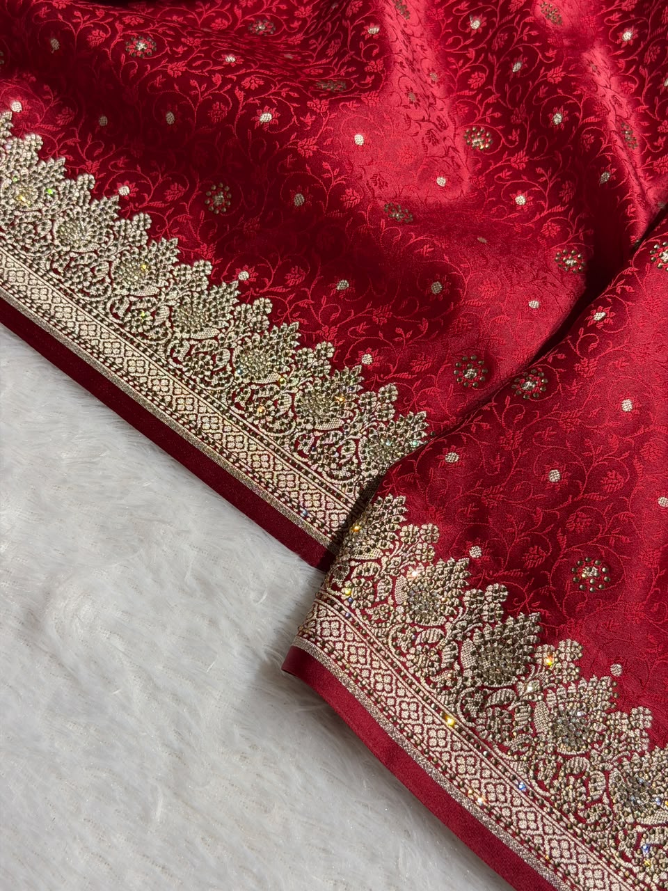 Bridal Banarasi Mashru Satin Silk Saree  Tanchoi Pattern with Swarovski Work In Maroon Shades BMSK07