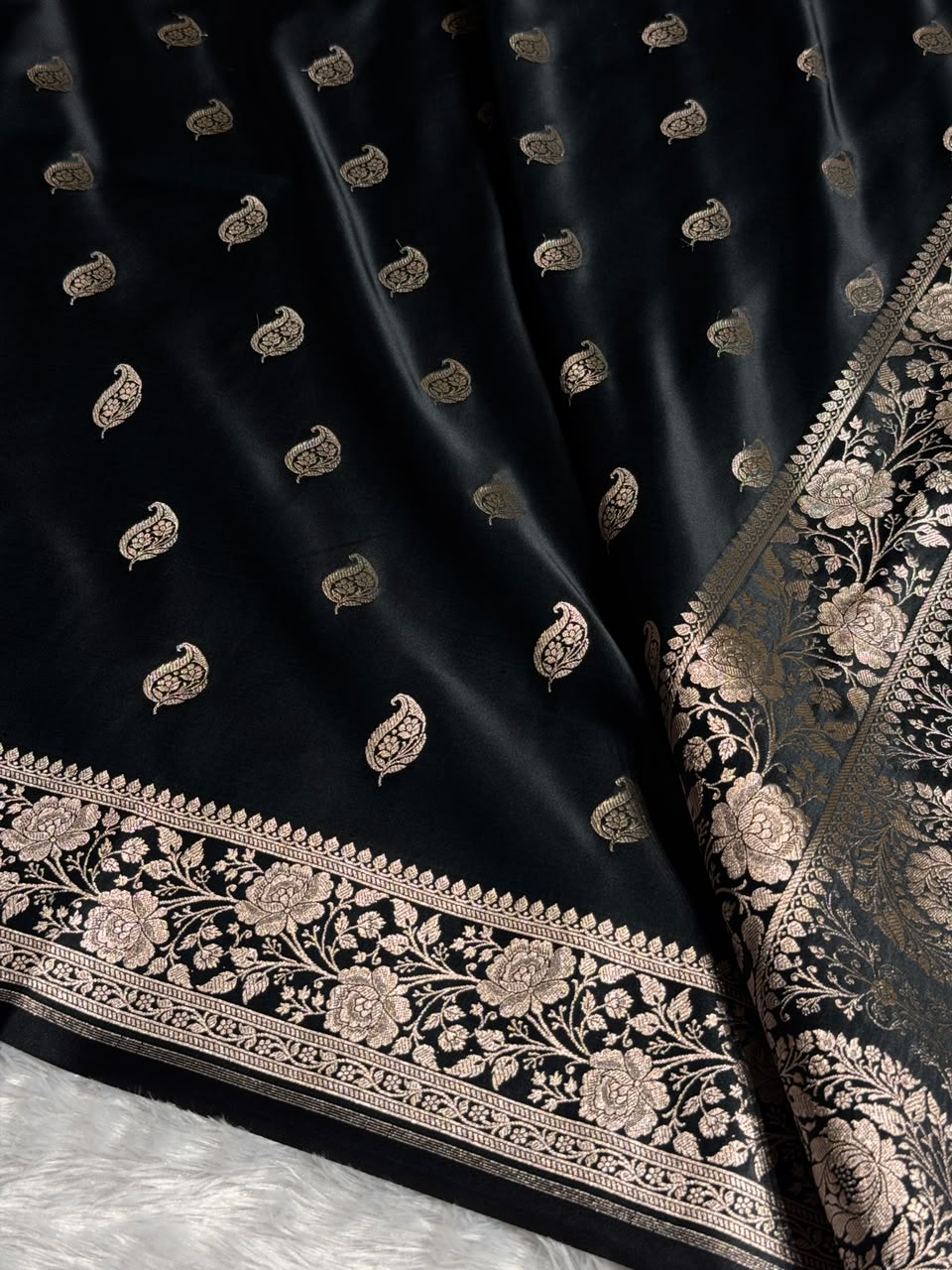 Banarasi Mashru Satin Silk Saree Buti Pattern in Black Shades MSK08