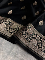 Banarasi Mashru Satin Silk Saree Buti Pattern in Black Shades MSK08