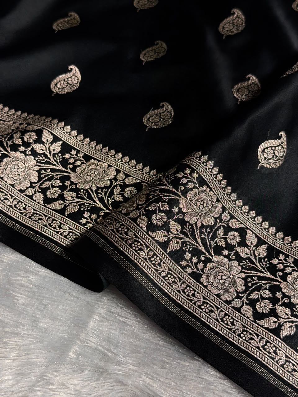 Banarasi Mashru Satin Silk Saree Buti Pattern in Black Shades MSK08
