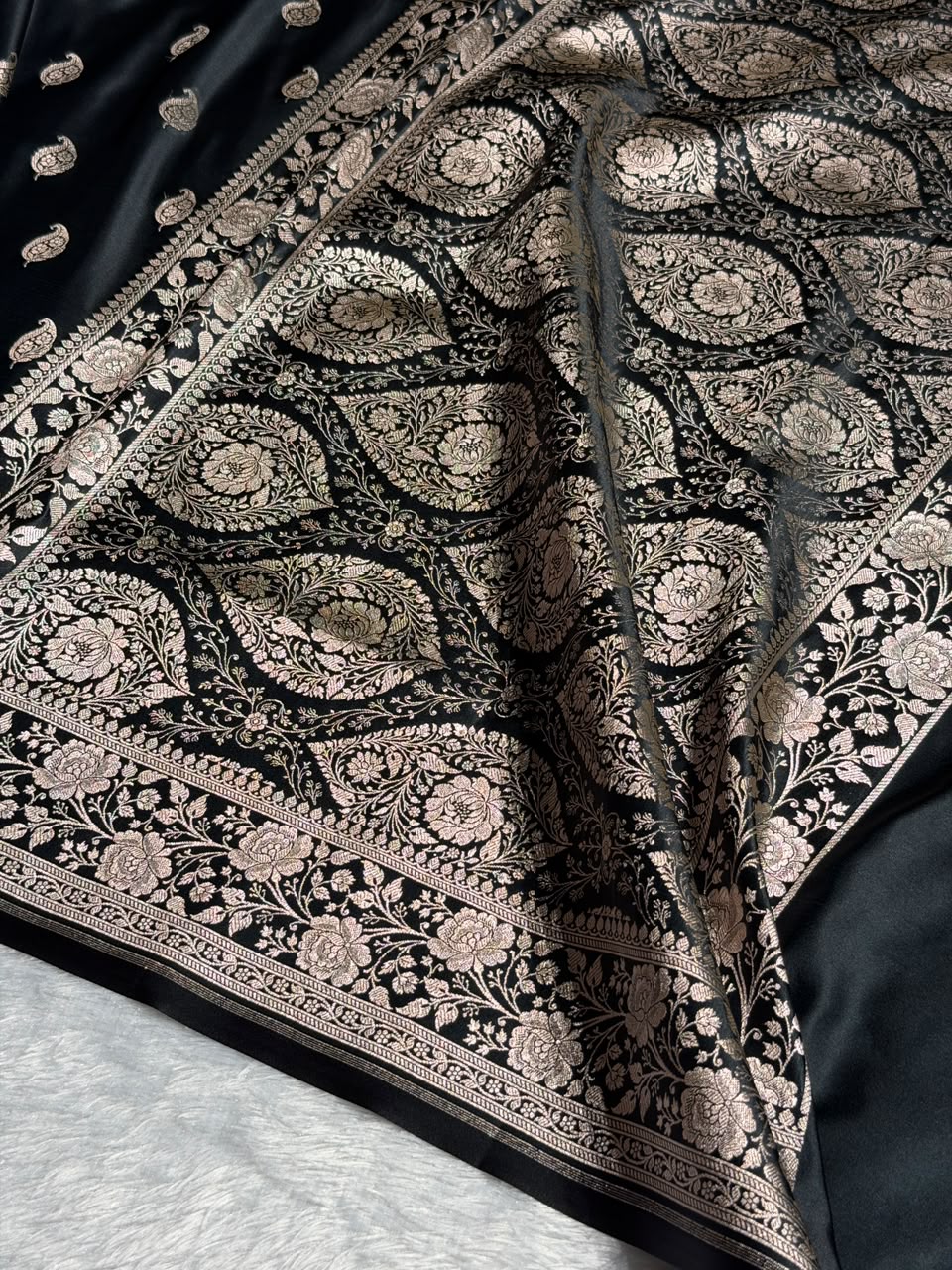 Banarasi Mashru Satin Silk Saree Buti Pattern in Black Shades MSK08