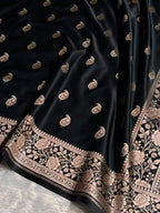 Banarasi Mashru Satin Silk Saree Buti Pattern in Black Shades MSK08