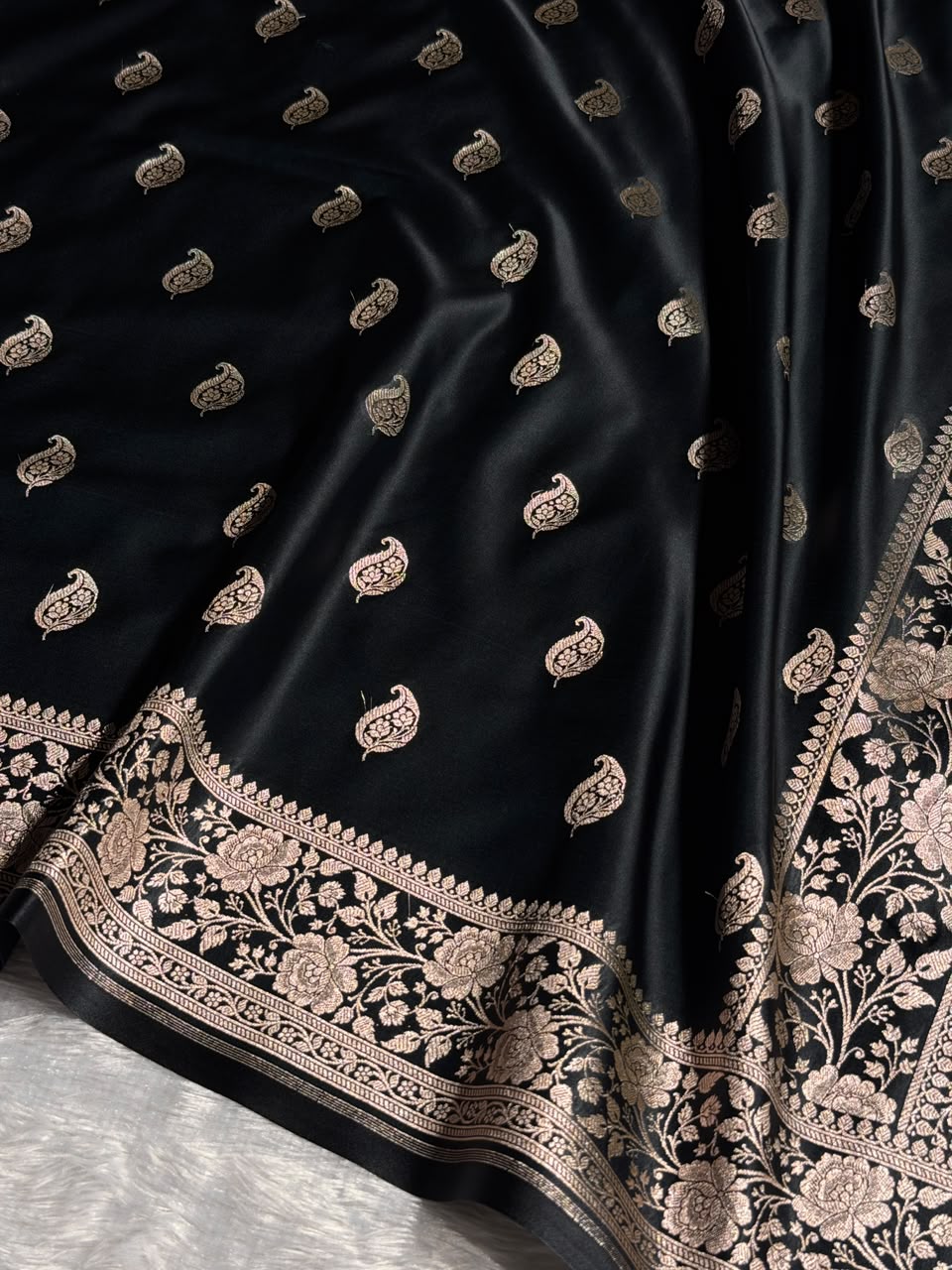 Banarasi Mashru Satin Silk Saree Buti Pattern in Black Shades MSK08