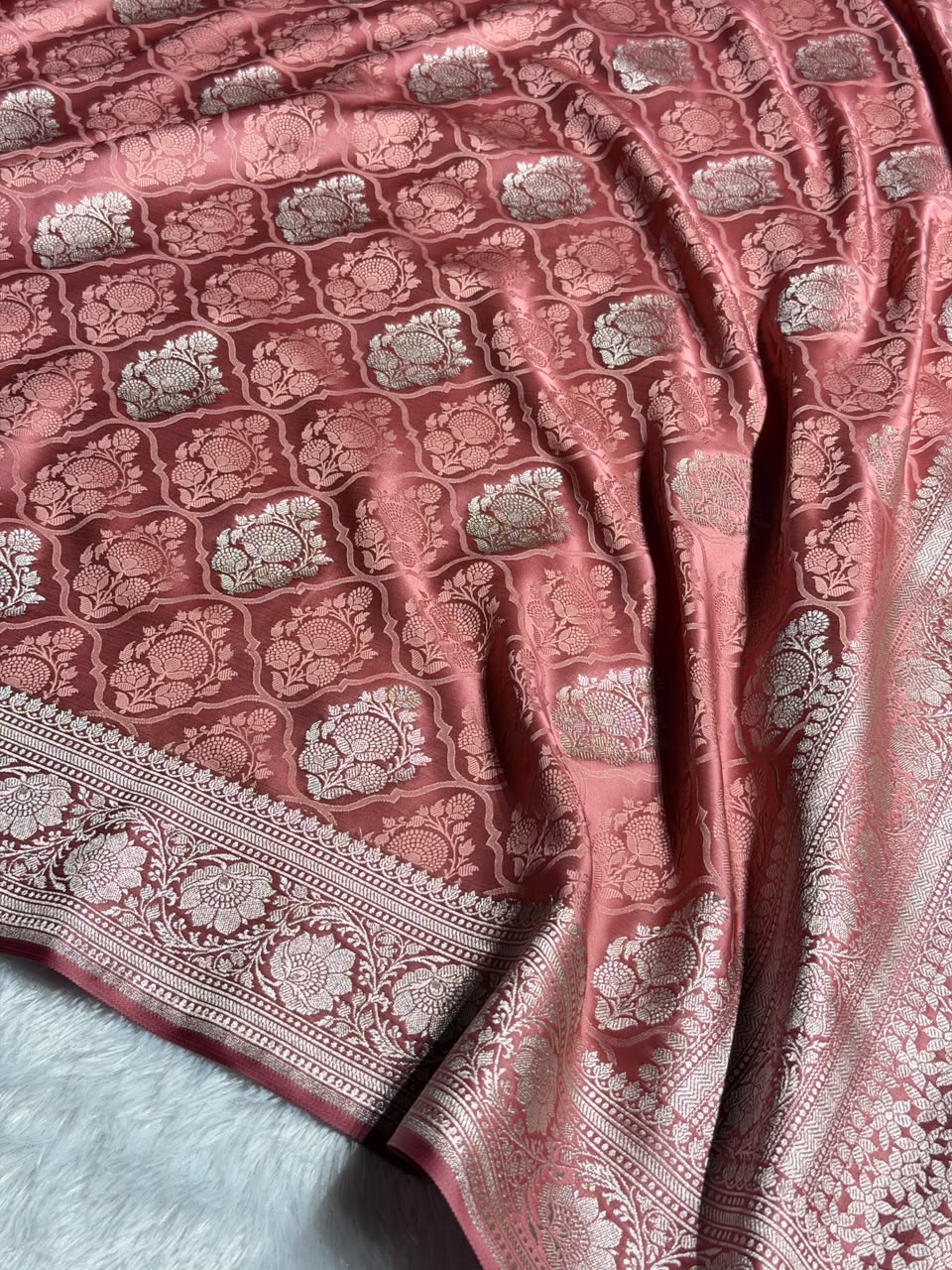 Banarasi Mashru Satin Silk Saree Buti Tanchoi Pattern in Peach shades MSK05