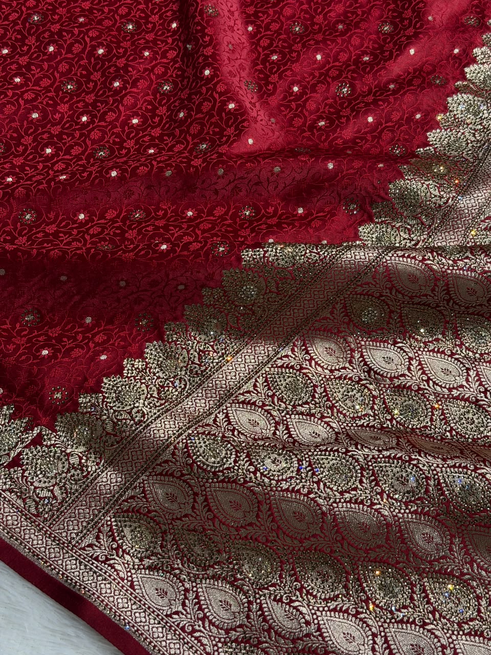 Bridal Banarasi Mashru Satin Silk Saree  Tanchoi Pattern with Swarovski Work In Maroon Shades BMSK07