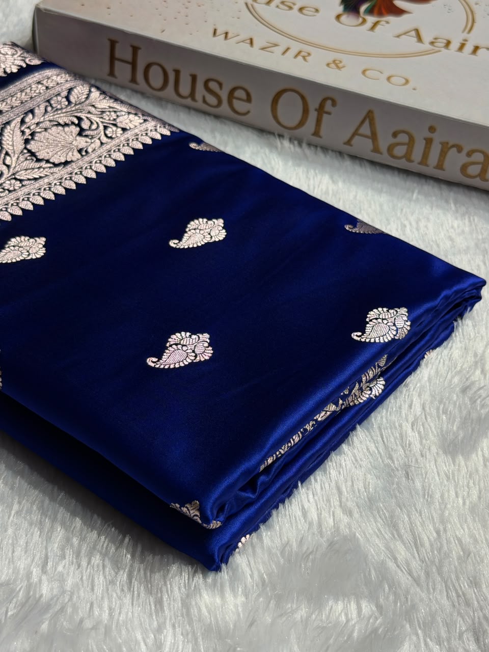 Banarasi Mashru Satin Silk Saree Booti Pattern in Royal Blue Shades MSK06
