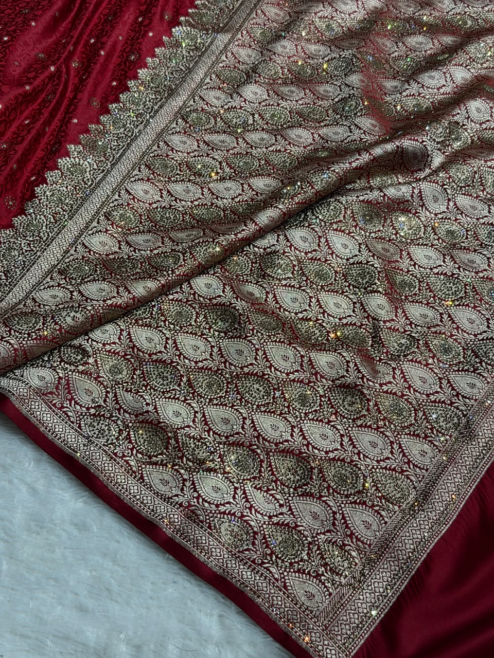 Bridal Banarasi Mashru Satin Silk Saree  Tanchoi Pattern with Swarovski Work In Maroon Shades BMSK07