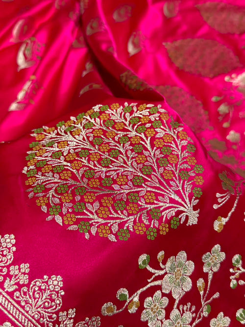 Banarasi Mashru Satin Silk Saree Boota With Minakaari Pattern In Rani Shades MSK03