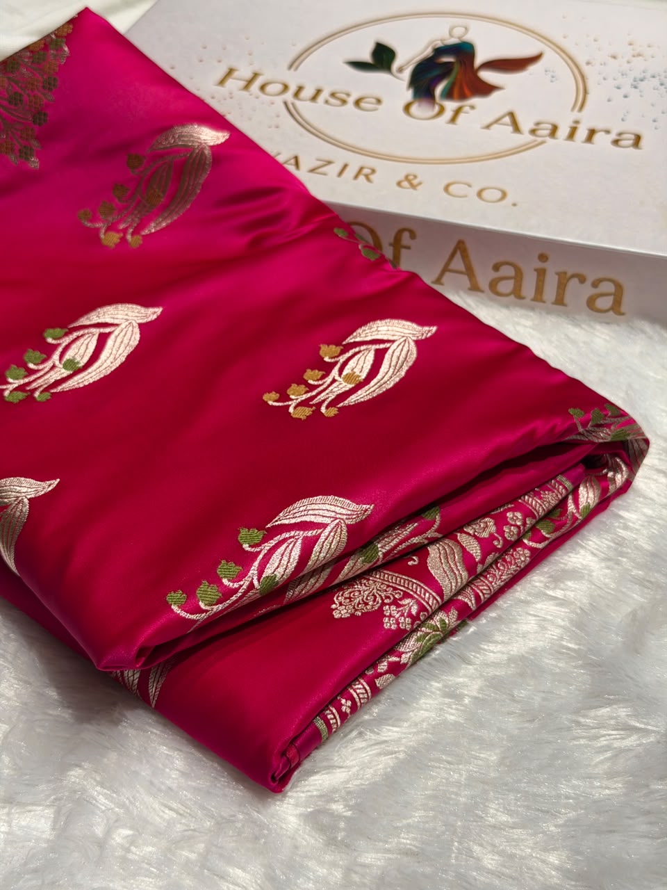 Banarasi Mashru Satin Silk Saree Boota With Minakaari Pattern In Rani Shades MSK03