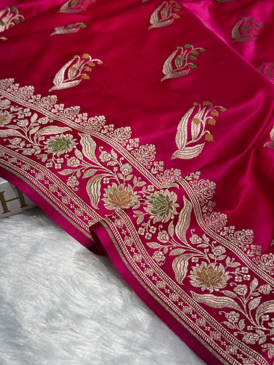 Banarasi Mashru Satin Silk Saree Boota With Minakaari Pattern In Rani Shades MSK03