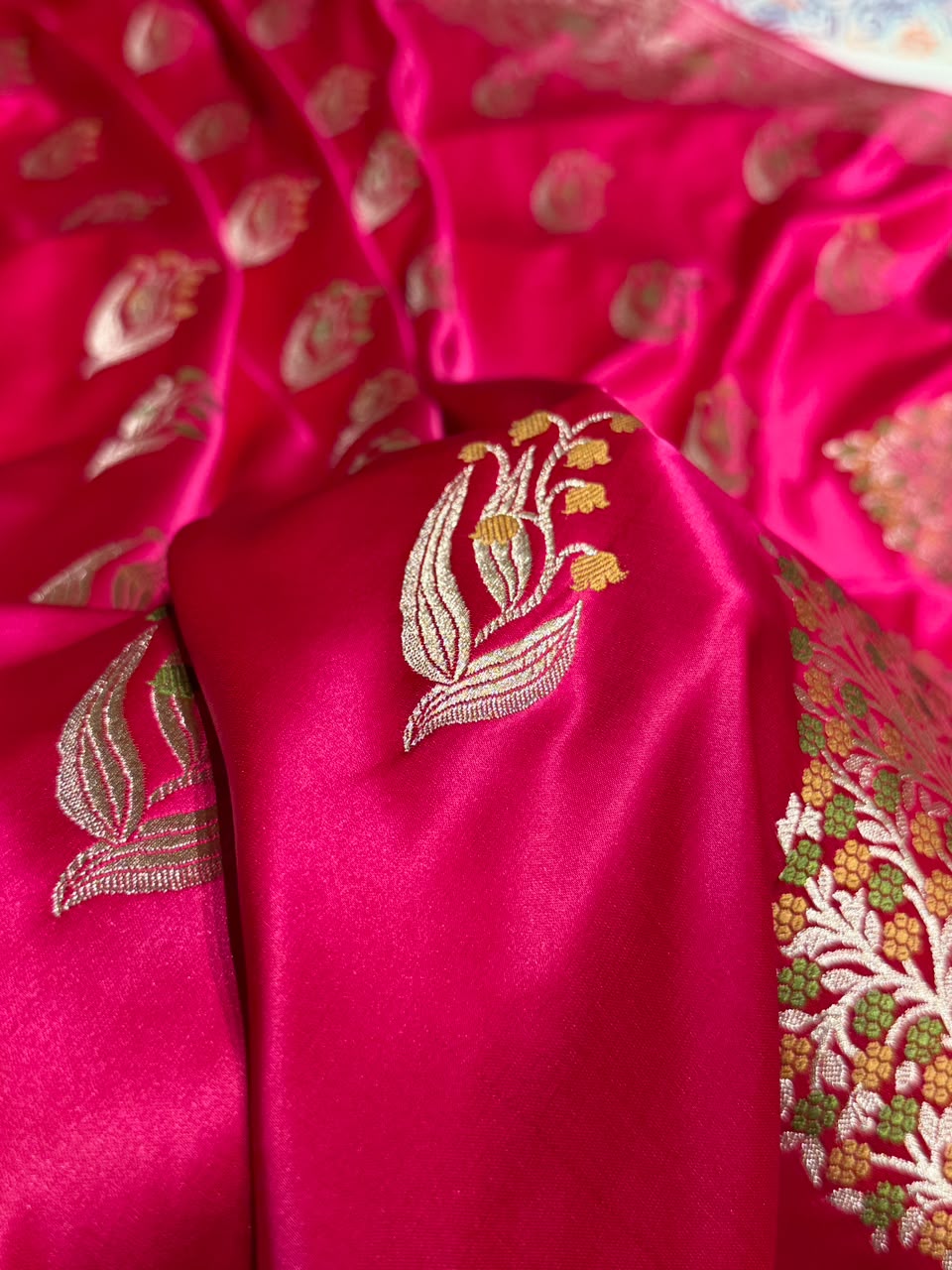 Banarasi Mashru Satin Silk Saree Boota With Minakaari Pattern In Rani Shades MSK03