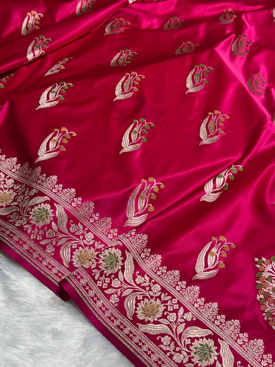 Banarasi Mashru Satin Silk Saree Boota With Minakaari Pattern In Rani Shades MSK03