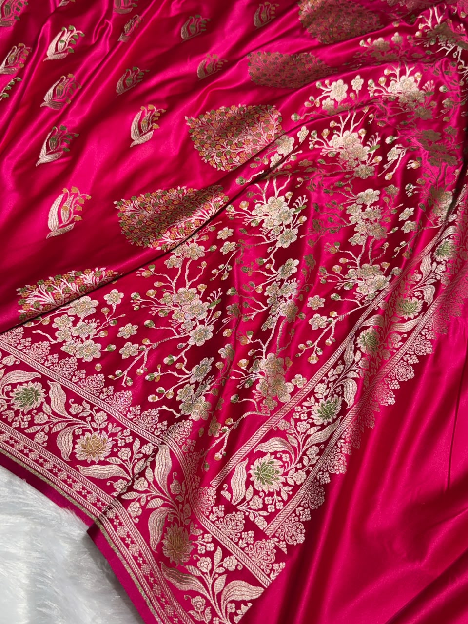 Banarasi Mashru Satin Silk Saree Boota With Minakaari Pattern In Rani Shades MSK03