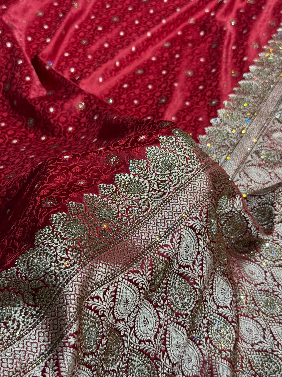 Bridal Banarasi Mashru Satin Silk Saree  Tanchoi Pattern with Swarovski Work In Maroon Shades BMSK07