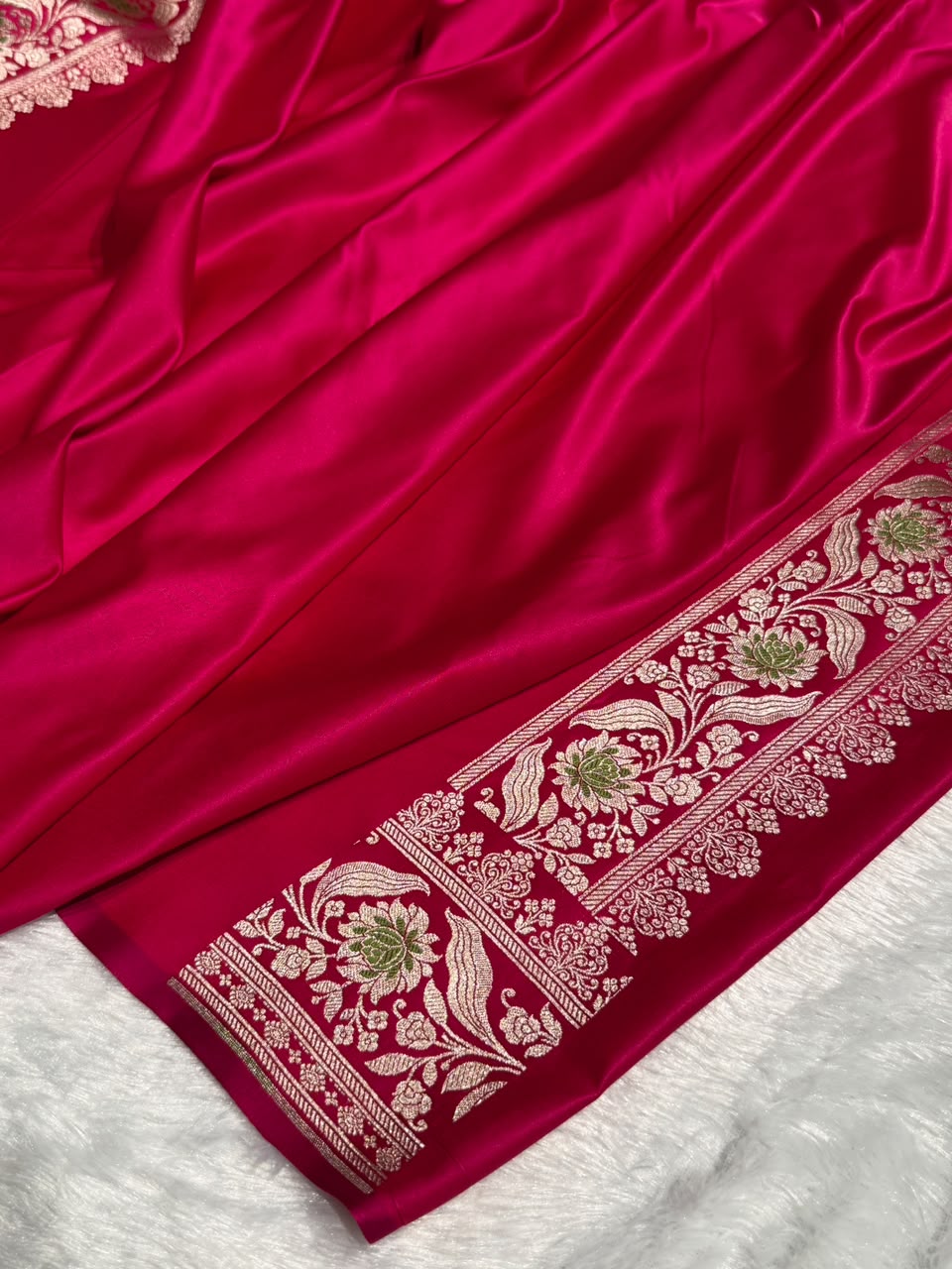 Banarasi Mashru Satin Silk Saree Boota With Minakaari Pattern In Rani Shades MSK03