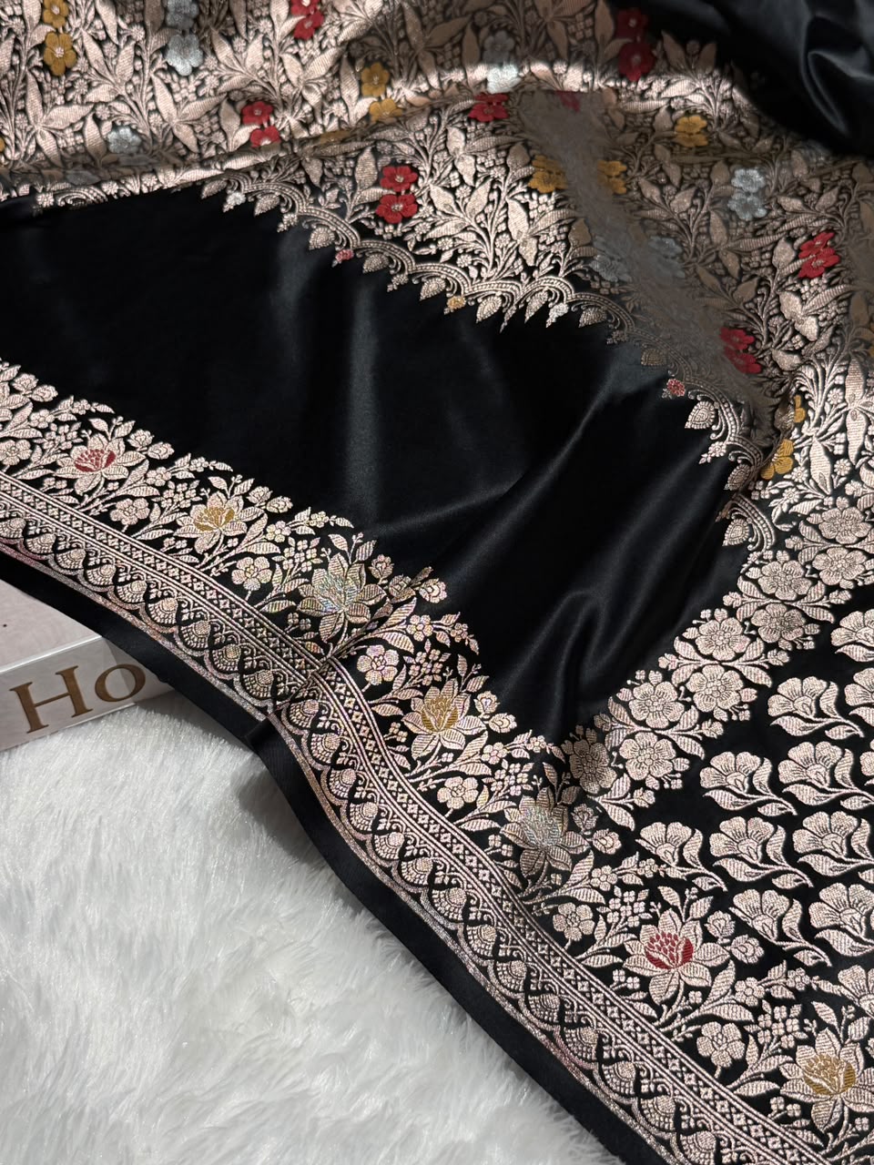 Banarasi Mashru Satin Silk Saree Boota With Minakari Pattern in Black Shades MSK01