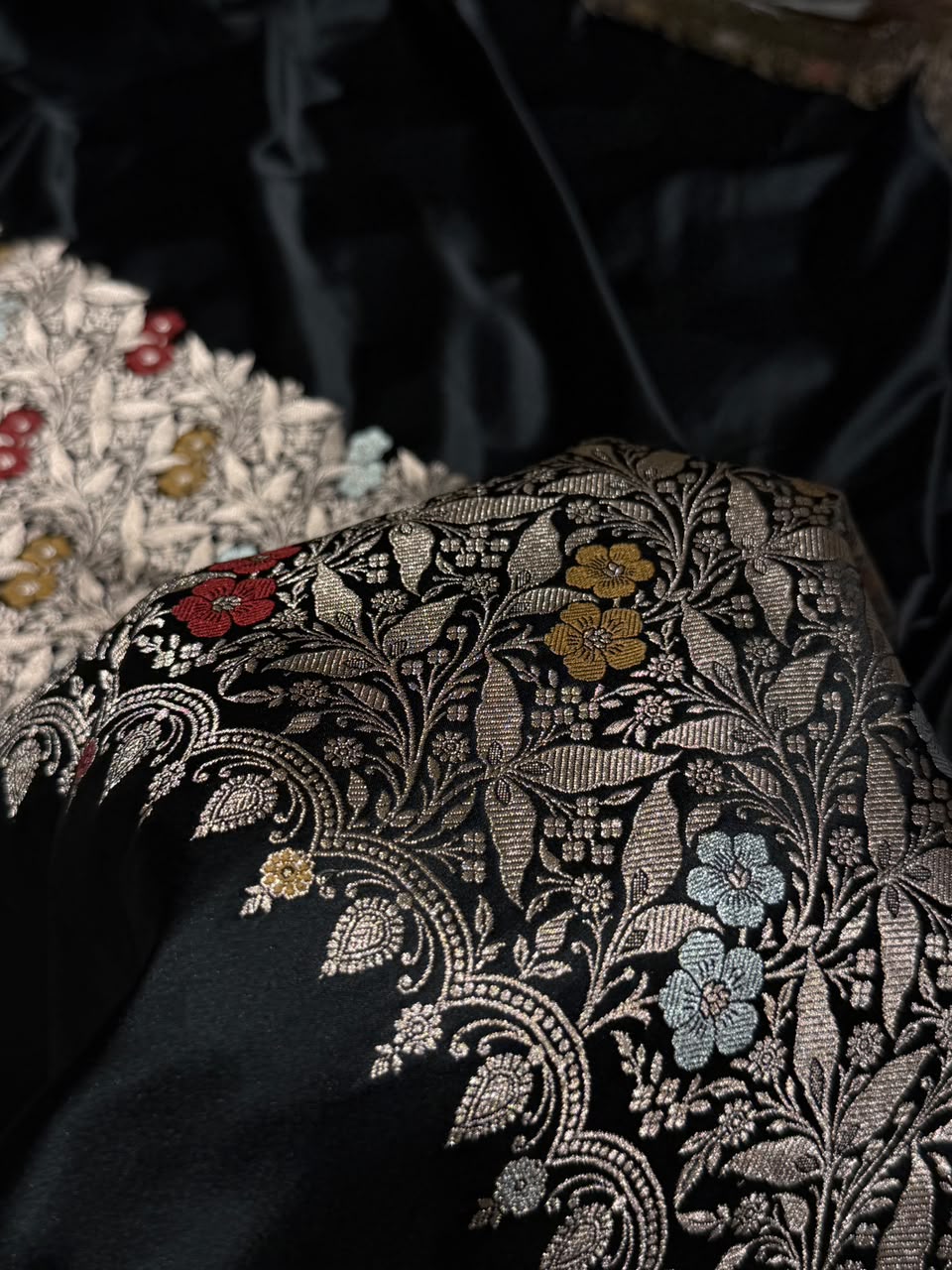 Banarasi Mashru Satin Silk Saree Boota With Minakari Pattern in Black Shades MSK01