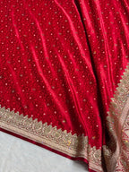 Bridal Banarasi Mashru Satin Silk Saree  Tanchoi Pattern with Swarovski Work In Maroon Shades BMSK07