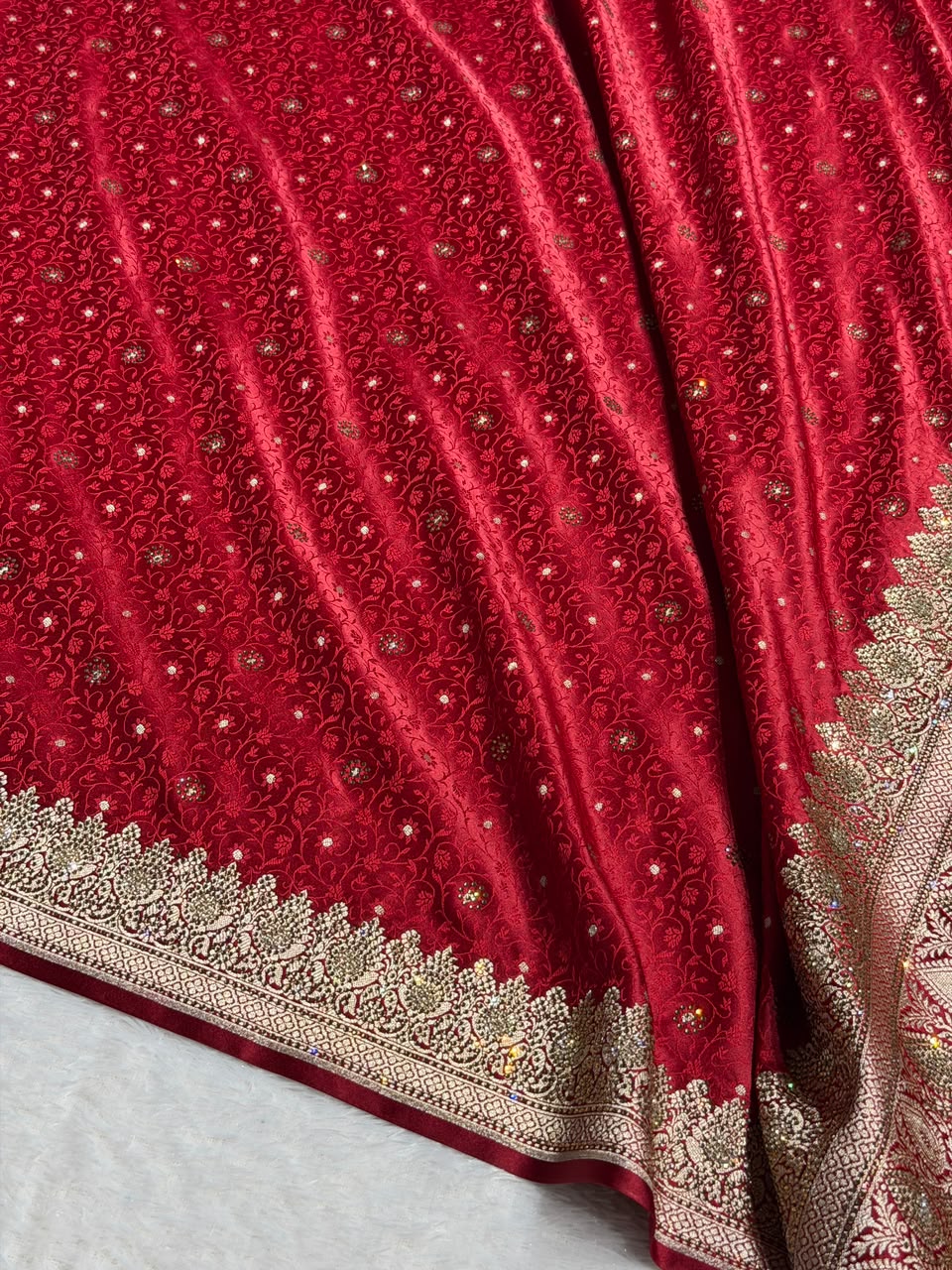 Bridal Banarasi Mashru Satin Silk Saree  Tanchoi Pattern with Swarovski Work In Maroon Shades BMSK07