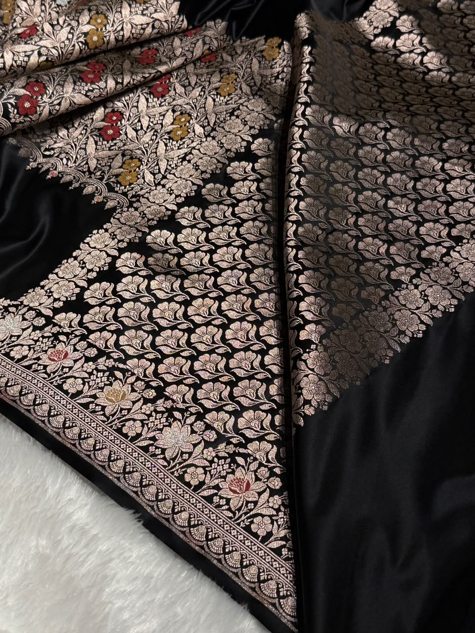 Banarasi Mashru Satin Silk Saree Boota With Minakari Pattern in Black Shades MSK01