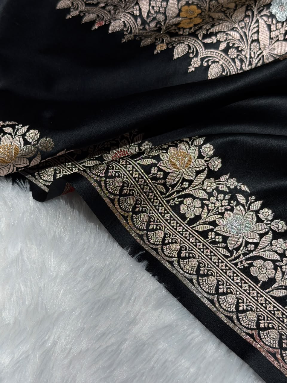 Banarasi Mashru Satin Silk Saree Boota With Minakari Pattern in Black Shades MSK01