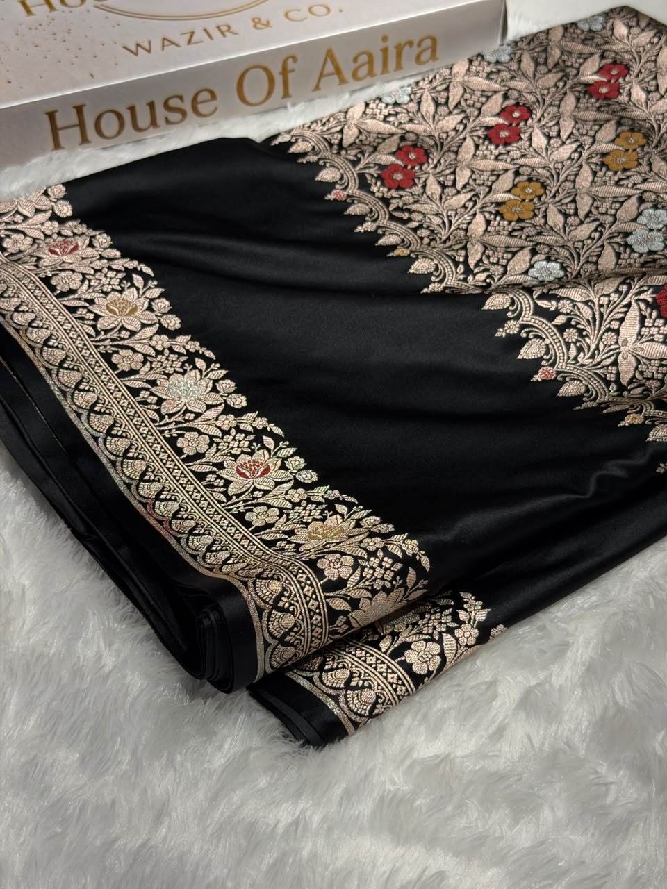 Banarasi Mashru Satin Silk Saree Boota With Minakari Pattern in Black Shades MSK01