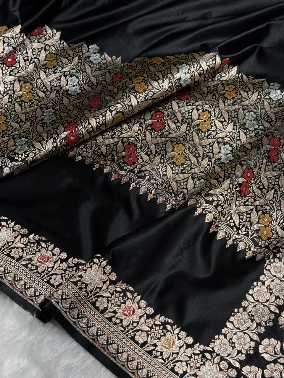 Banarasi Mashru Satin Silk Saree Boota With Minakari Pattern in Black Shades MSK01