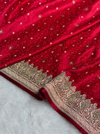 Bridal Banarasi Mashru Satin Silk Saree  Tanchoi Pattern with Swarovski Work In Maroon Shades BMSK07