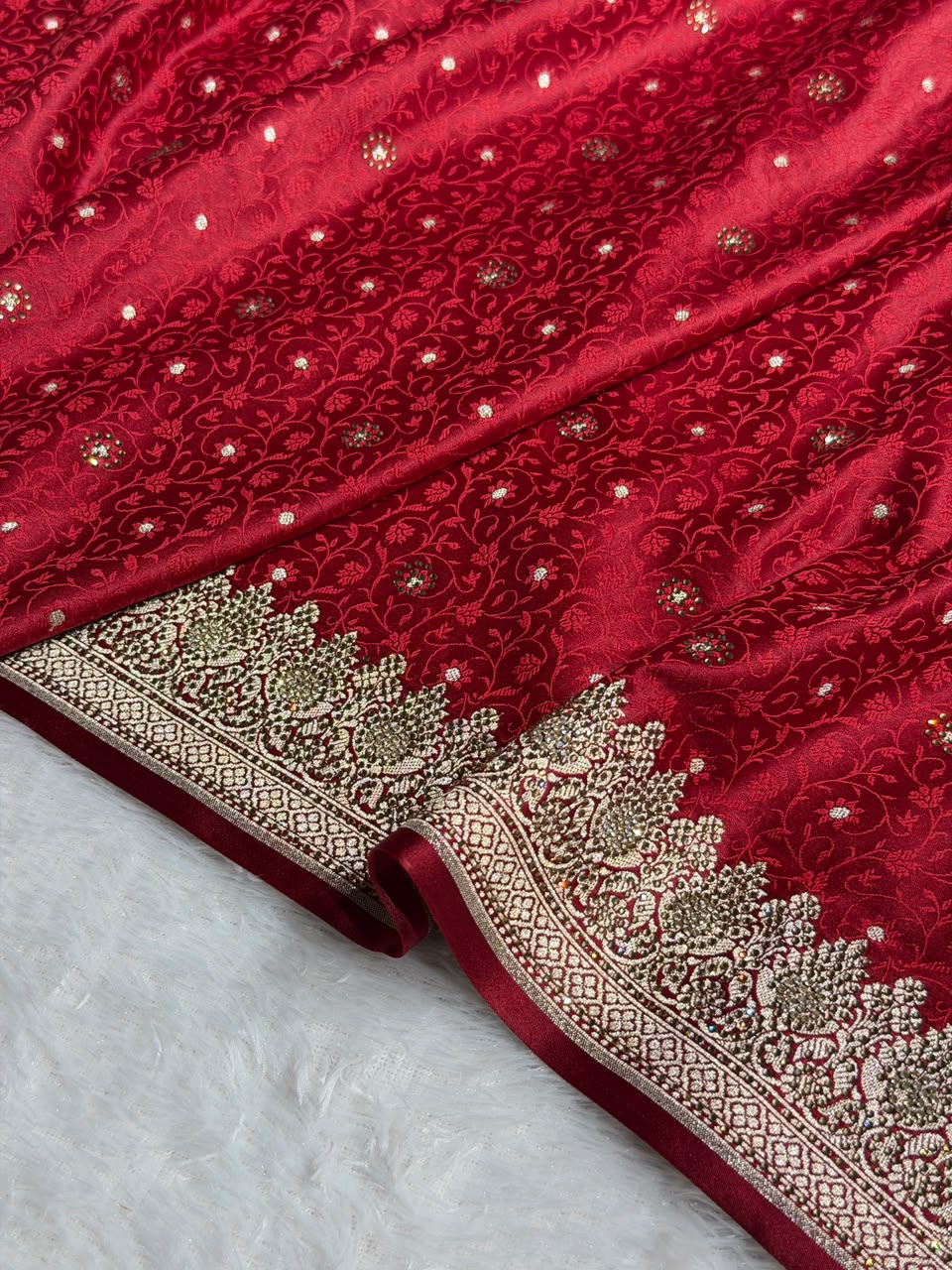 Bridal Banarasi Mashru Satin Silk Saree  Tanchoi Pattern with Swarovski Work In Maroon Shades BMSK07