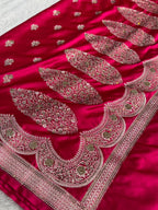 Bridal Banarasi Mashru Satin Silk Saree Scallop Pattern with Swarovski Work in Rani Shades BMSC07