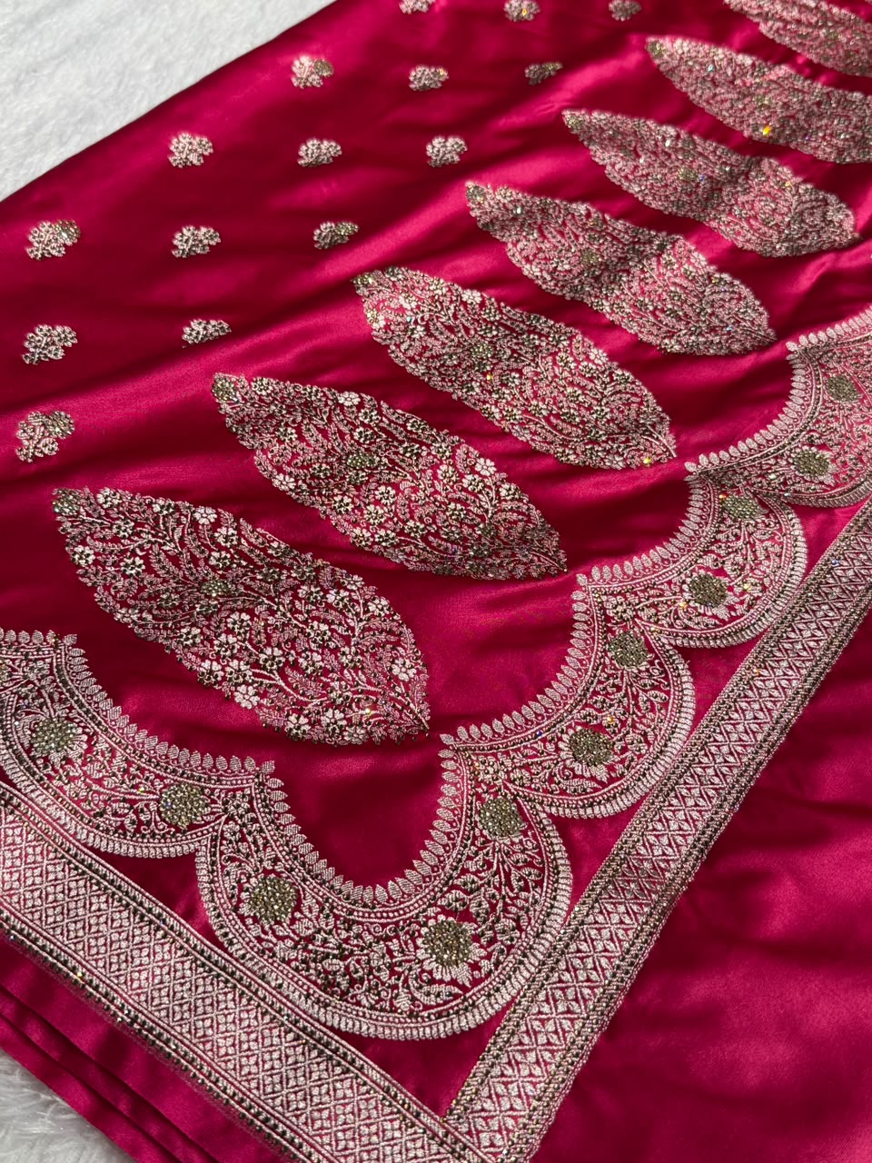 Bridal Banarasi Mashru Satin Silk Saree Scallop Pattern with Swarovski Work in Rani Shades BMSC07