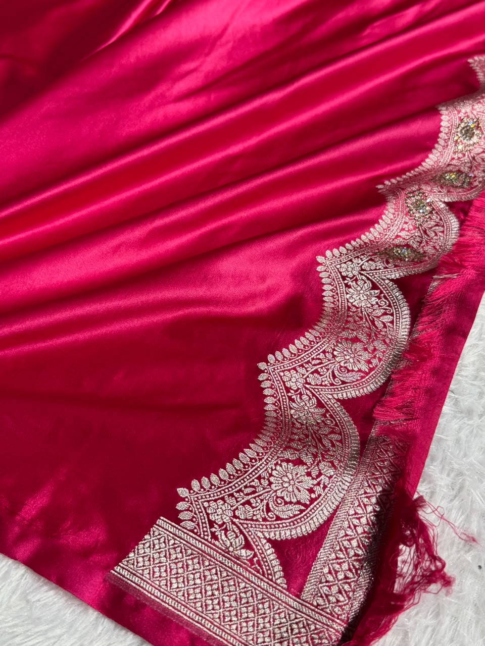 Bridal Banarasi Mashru Satin Silk Saree Scallop Pattern with Swarovski Work in Rani Shades BMSC07