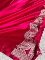 Bridal Banarasi Mashru Satin Silk Saree Scallop Pattern with Swarovski Work in Rani Shades BMSC07
