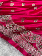 Bridal Banarasi Mashru Satin Silk Saree Scallop Pattern with Swarovski Work in Rani Shades BMSC07