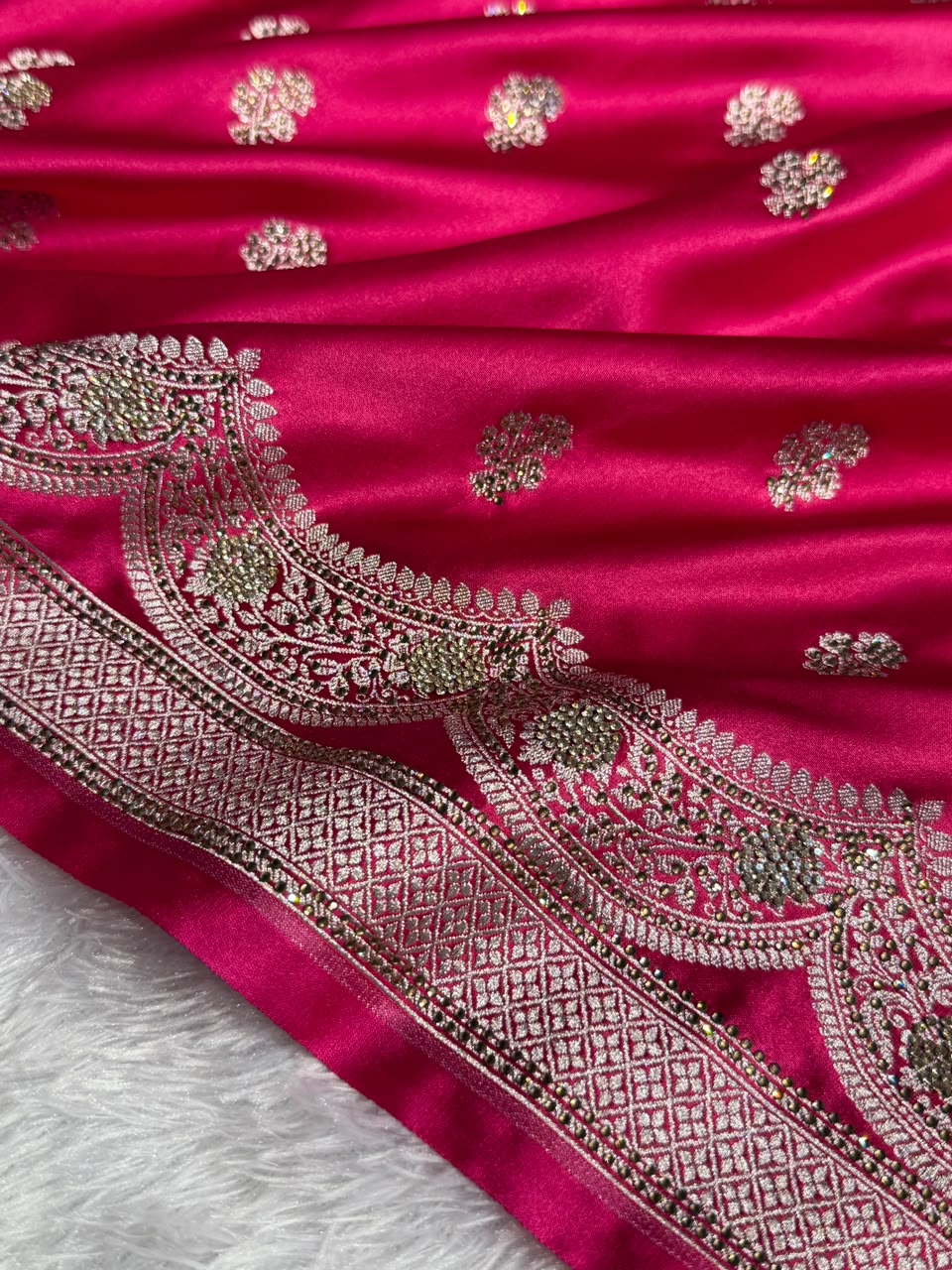 Bridal Banarasi Mashru Satin Silk Saree Scallop Pattern with Swarovski Work in Rani Shades BMSC07
