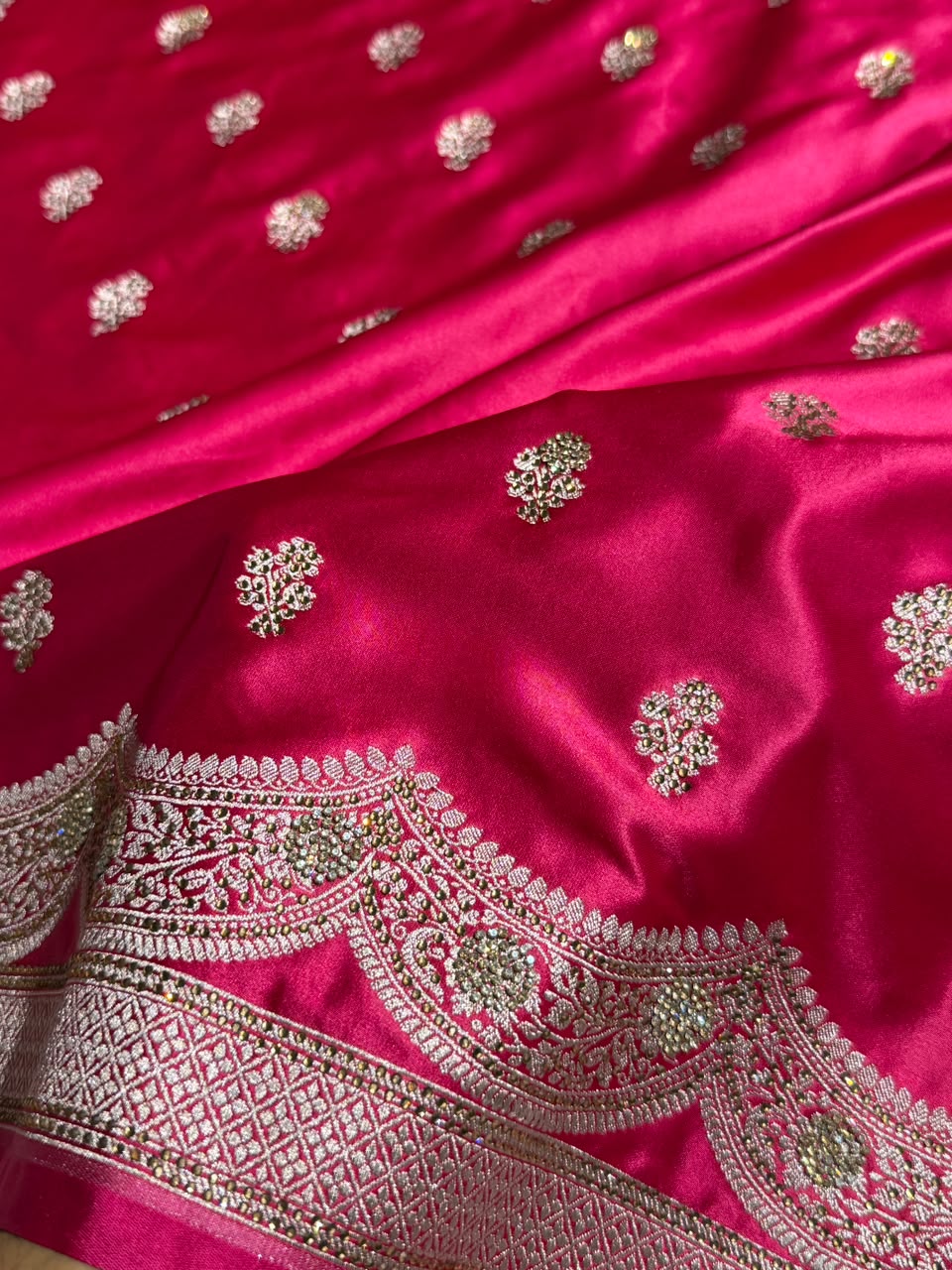 Bridal Banarasi Mashru Satin Silk Saree Scallop Pattern with Swarovski Work in Rani Shades BMSC07