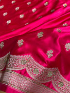 Bridal Banarasi Mashru Satin Silk Saree Scallop Pattern with Swarovski Work in Rani Shades BMSC07