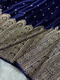Bridal Banarasi Mashru Satin Silk Saree Skirt Pattern with Swarovski Work in Navy Blue Shades BMSC02