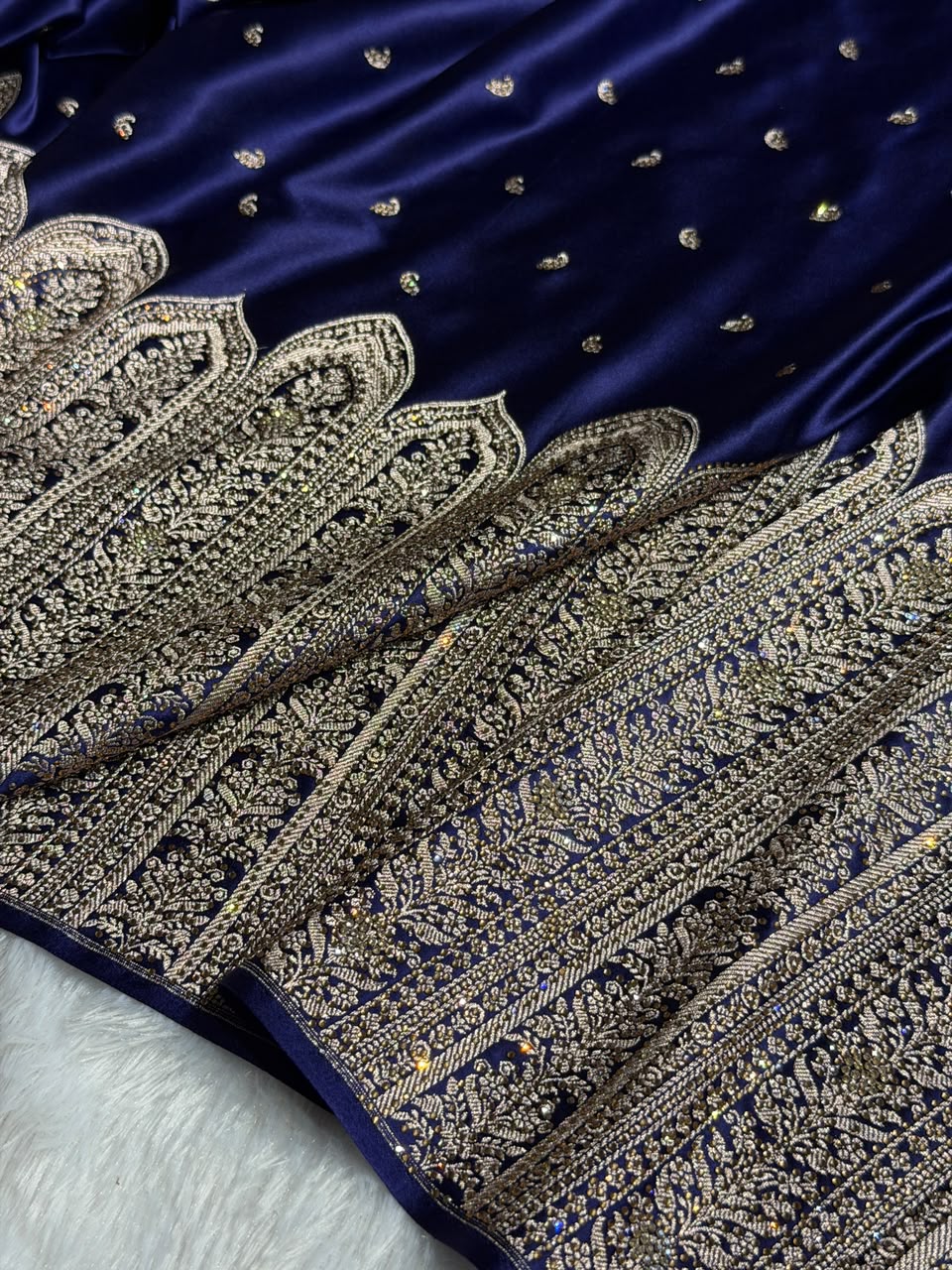 Bridal Banarasi Mashru Satin Silk Saree Skirt Pattern with Swarovski Work in Navy Blue Shades BMSC02