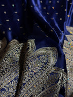 Bridal Banarasi Mashru Satin Silk Saree Skirt Pattern with Swarovski Work in Navy Blue Shades BMSC02