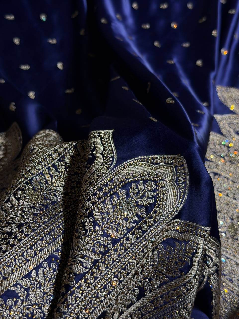 Bridal Banarasi Mashru Satin Silk Saree Skirt Pattern with Swarovski Work in Navy Blue Shades BMSC02