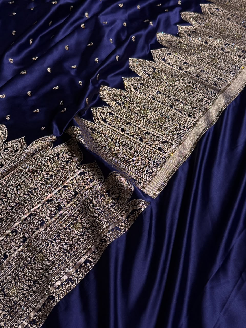 Bridal Banarasi Mashru Satin Silk Saree Skirt Pattern with Swarovski Work in Navy Blue Shades BMSC02