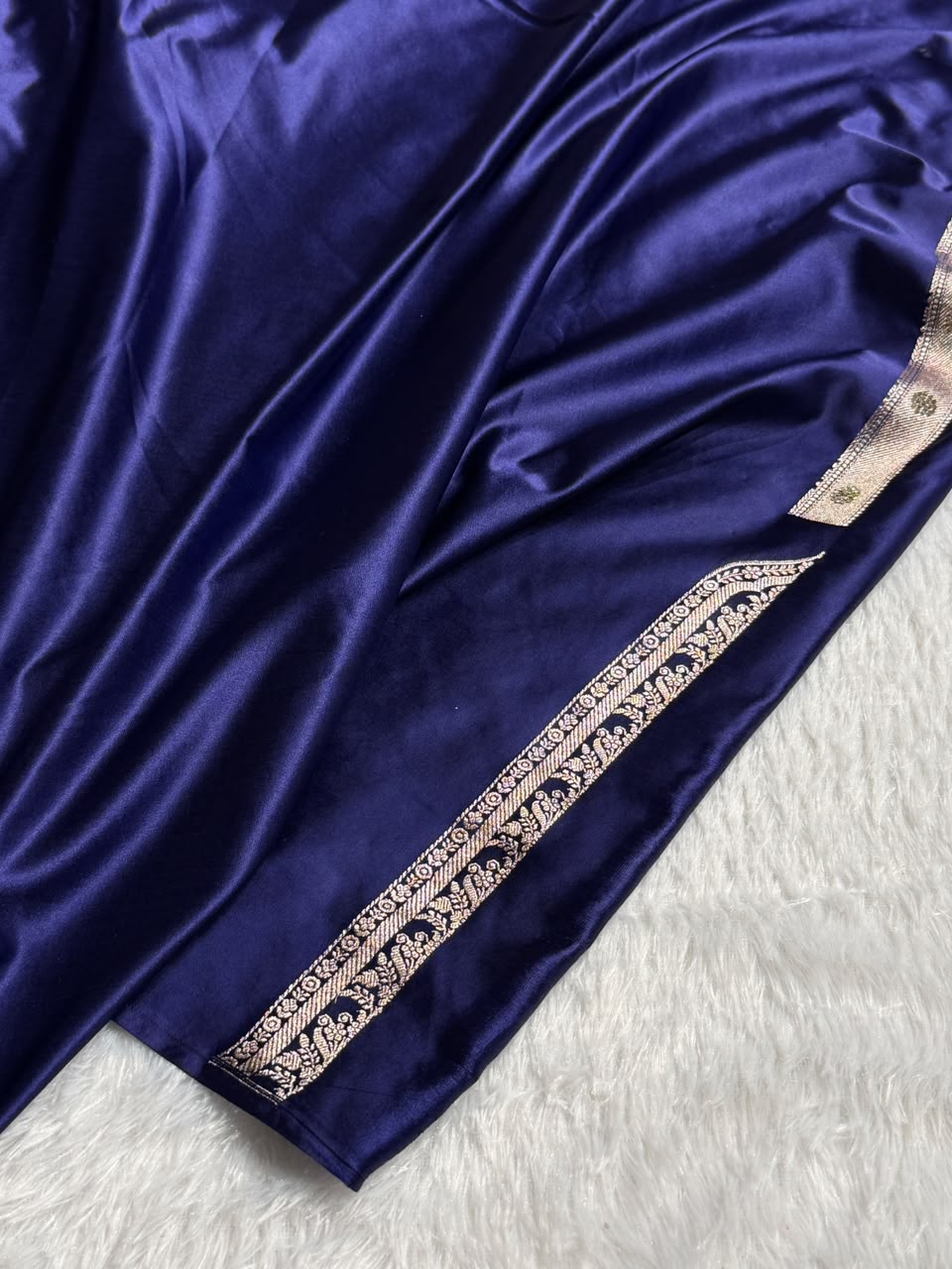 Bridal Banarasi Mashru Satin Silk Saree Skirt Pattern with Swarovski Work in Navy Blue Shades BMSC02