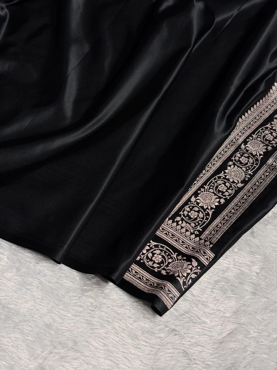 Banarasi Mashru Satin Silk Saree Cross Pattern Black Shades MSK13