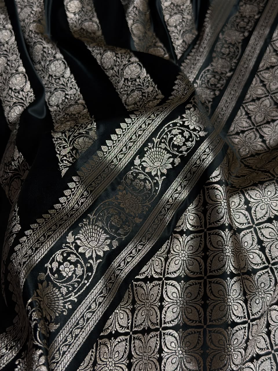 Banarasi Mashru Satin Silk Saree Cross Pattern Black Shades MSK13